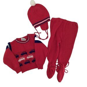 Vintage Knit Baby Outfit Size 6-12 Footie Pants Sweater Pompom Earflap Hat Cars